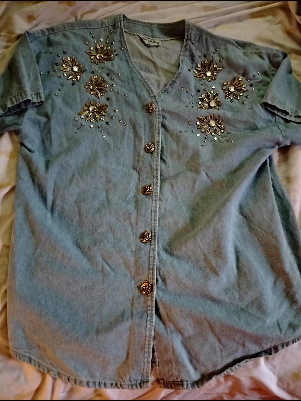 Embellished Light Blue Denim Button-Front Top